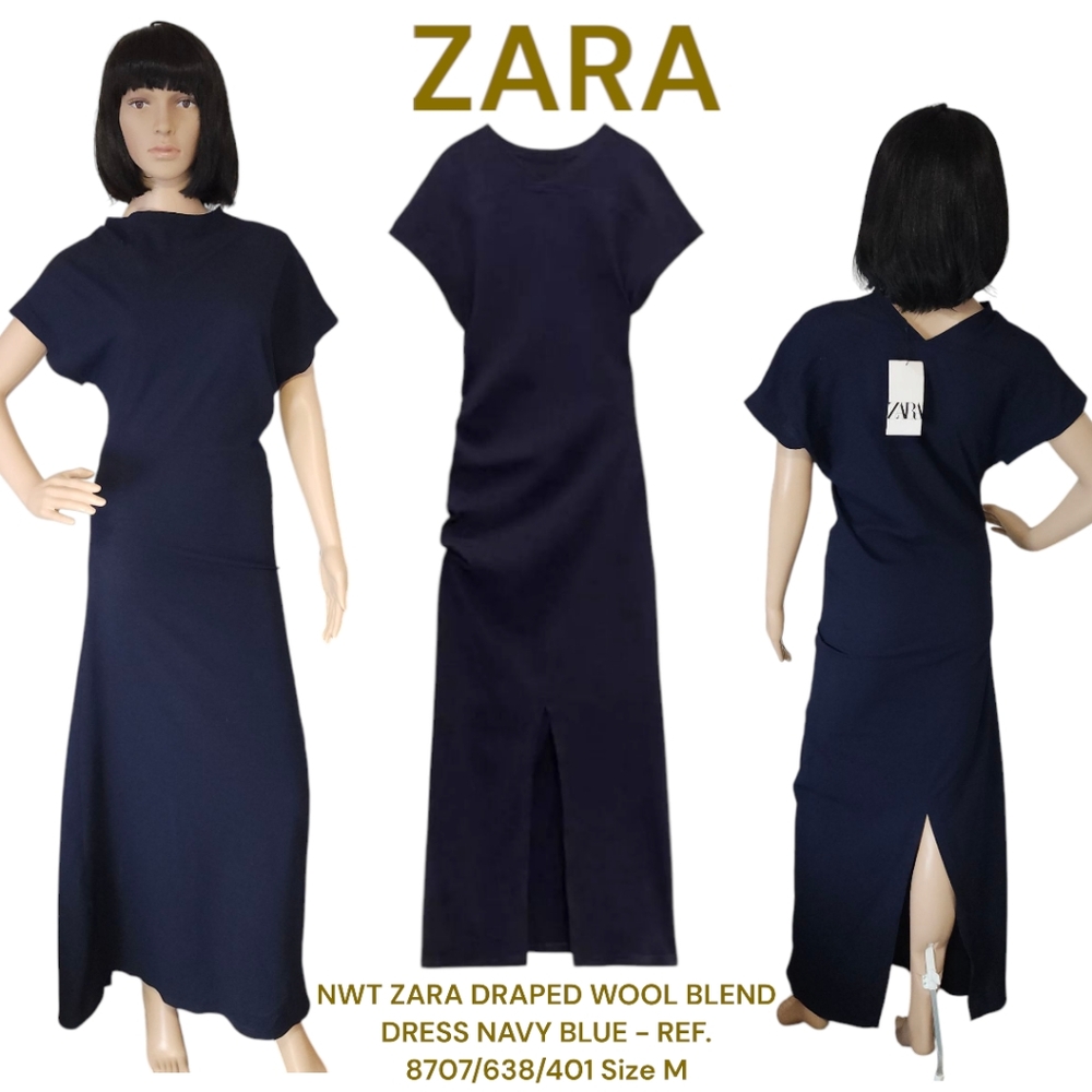 Zara Navy Blue Draped Wool Blend Midi Dress